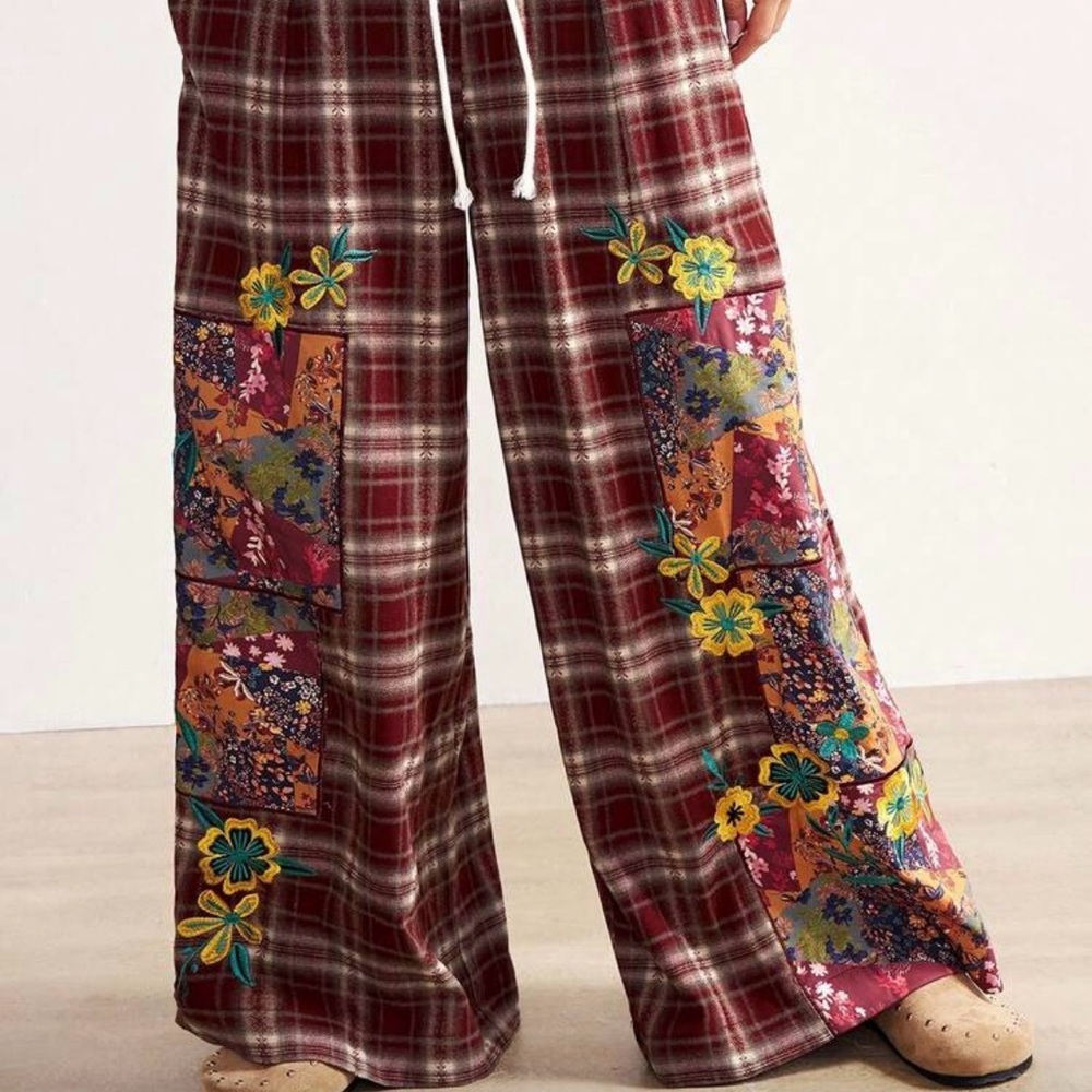 Floral Patchwork & Embroidered Plaid Women's Pants